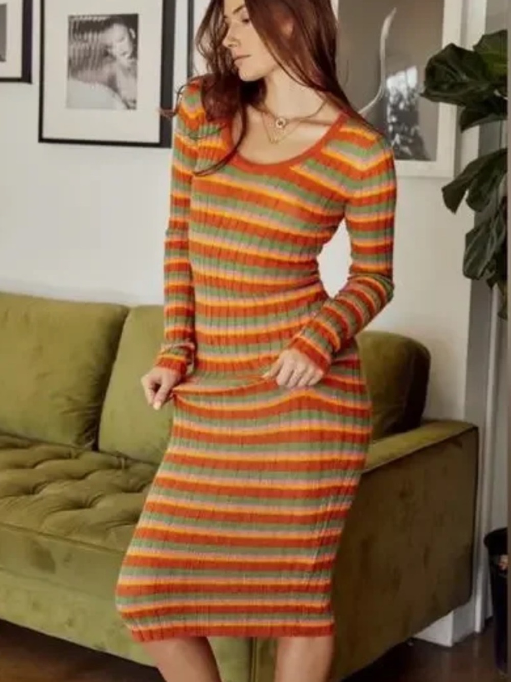 Lisa Says Gah Malta Striped Long Sleeve Midi Sweater Dress Orange Green Small